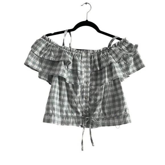 LC Lauren Conrad Women L Green/White Gingham Chambray Off Shoulder Crop Top NWT - Picture 2 of 11